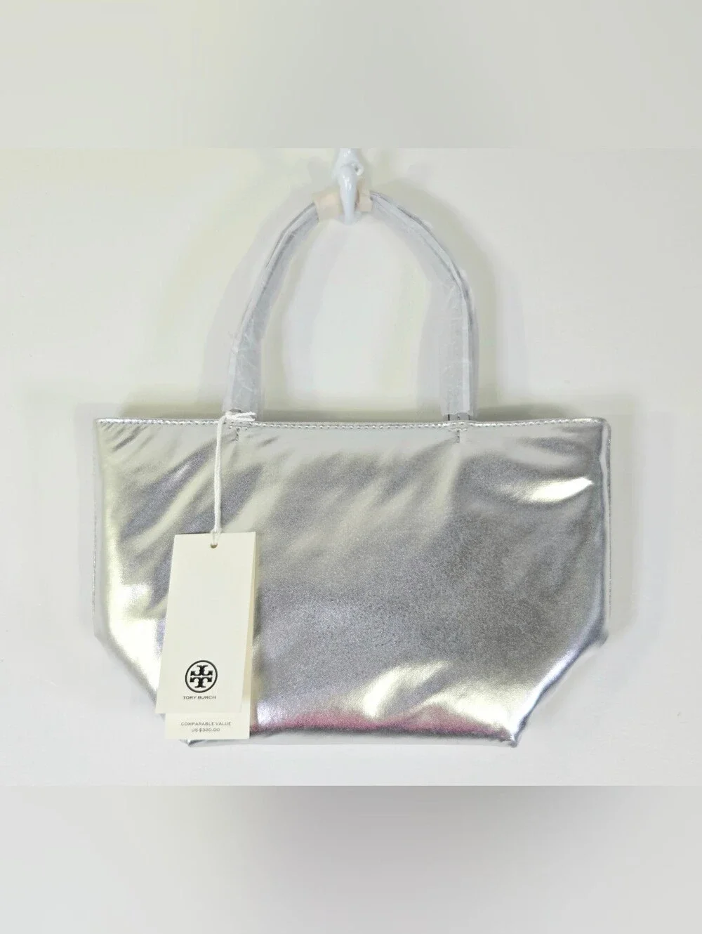 NWT TORY BURCH METALLIC SILVER MINI TOTE BAG WITH STRAP.